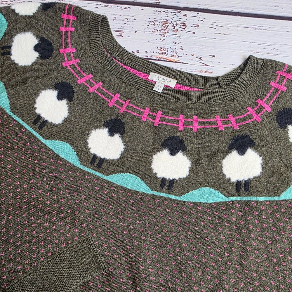 Talbots Plus Sheep Intarsia Crewneck Sweater Olive Green Pink 3X Novelty Knit